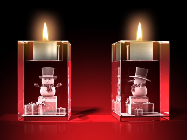 Teelichthalter Geschenke mit Schneemann - Kristallglas mit 3D-Innengravur