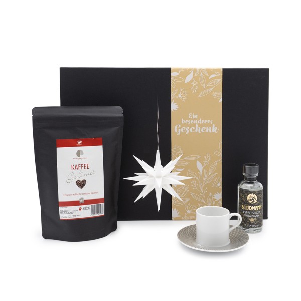 Premium-Box mit Herrnhuter Stern (weiß), Espressotasse "Twist", Kaffee de Gourmet & Espresso-Gin