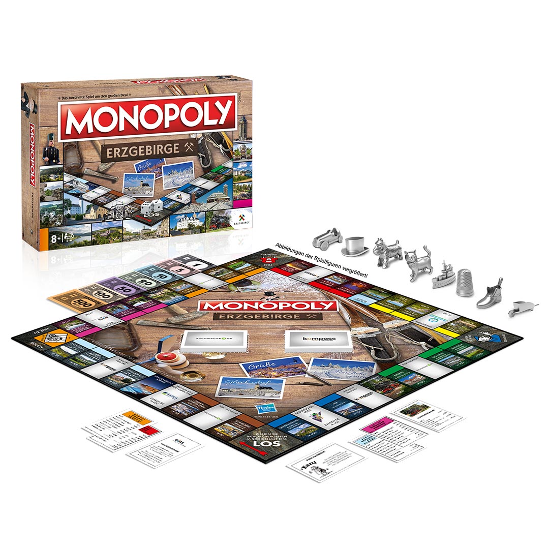 Monopoly Erzgebirge - Box und Spielbrett mit 8 Spielfiguren