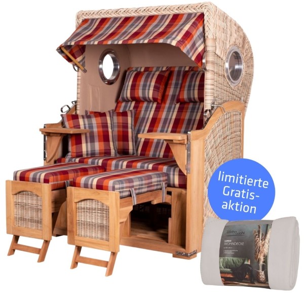 Strandkorb DÜNE - Zweisitzer - Rot-Grau gestreift - Design 584 - inkl. gratis Kuscheldecke
