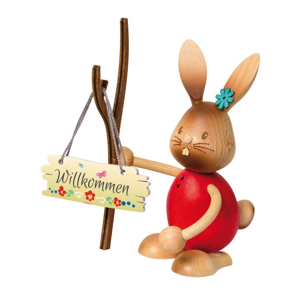 Hase Stupsi mit Schild Herzlich Willkommen - Holzfigur - Osterdekoration