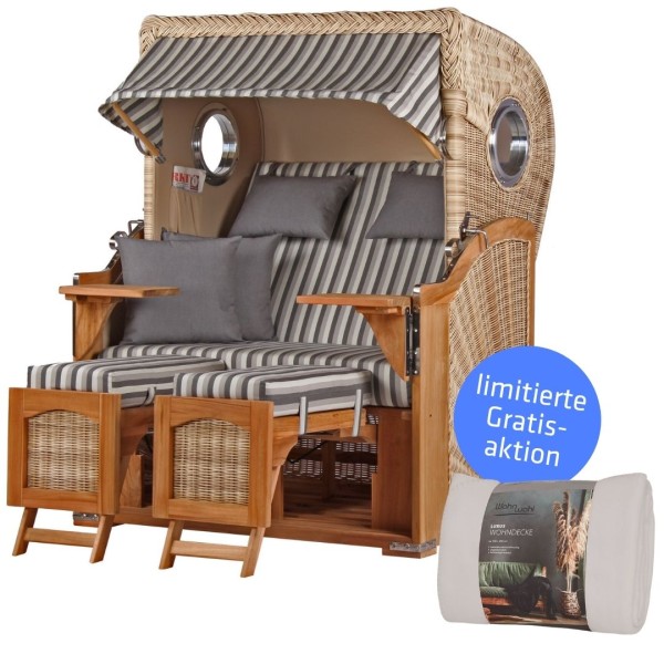 Strandkorb DÜNE - Zweisitzer - Grau gestreift - Design 01424 - inkl. gratis Kuscheldecke