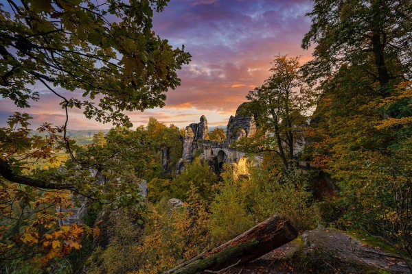 Wandbild Sächsische Schweiz - Die Basteibrücke im Sonnenuntergang (Motiv DMSZ15)