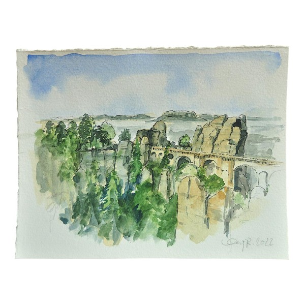 Marc-M.J. Wolff-Rosenkranz Aquarell - Sächsische Schweiz Basteibrücke