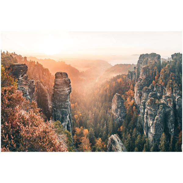 Wandbild Sächsische Schweiz - Herbstlicher Sonnenaufgang mit Nebel (Motiv LV16)