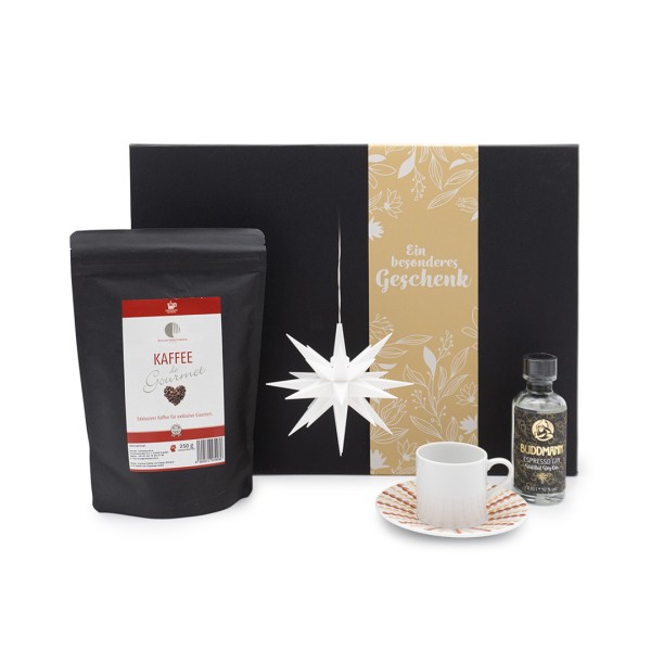Premium-Box mit Herrnhuter Stern (weiß), Espressotasse "Sparkle", Kaffee de Gourmet & Espresso-Gin