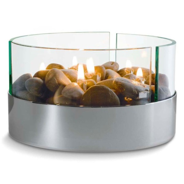BURN Tischkamin - Stahl, Glas & Flusssteine - für Lampenöl