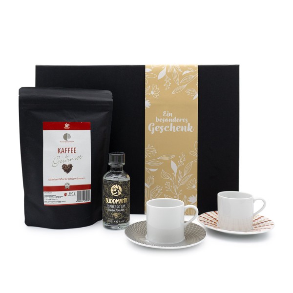 Premium-Box "Kochsternstunden" mit Espressotassen, Kaffee de Gourmet & Espresso-Gin
