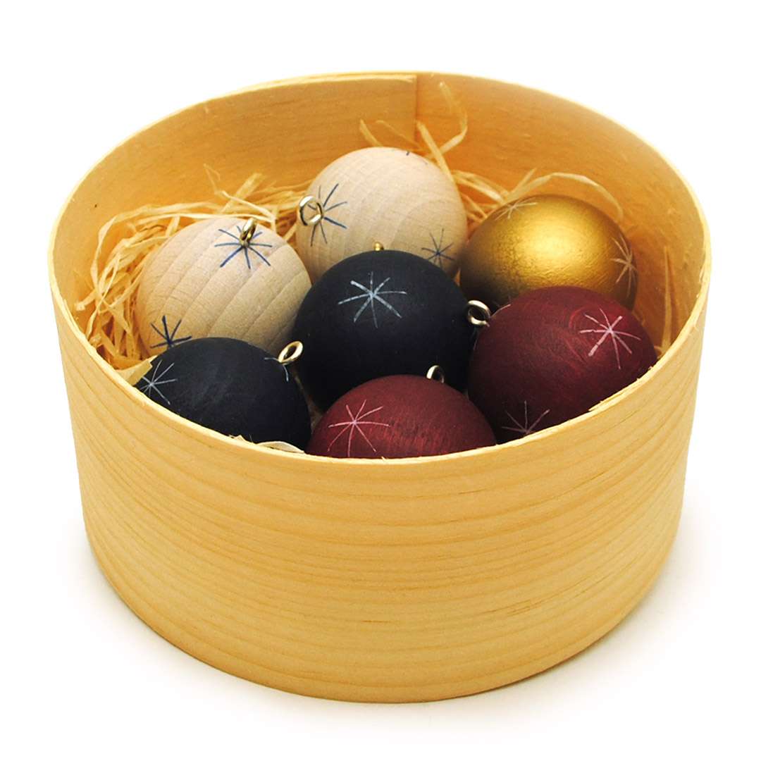 Kleine Christbaumkugeln in der Spanschachtel Holz, farbig DDV Lokal
