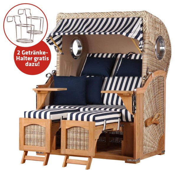 Strandkorb DÜNE - Zweisitzer - Blau-Weiß gestreift - Design 01436 inkl. 2x Getränkehalter