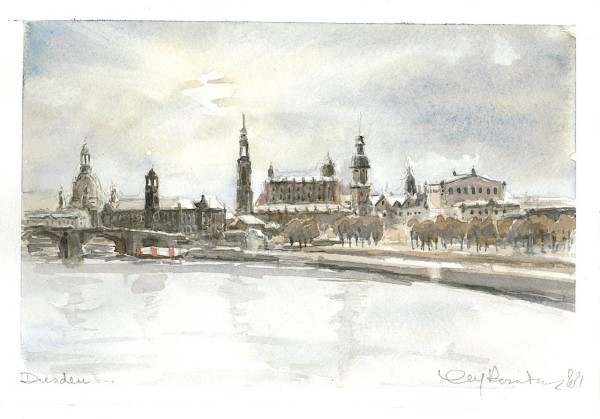 Marc-M.J. Wolff-Rosenkranz Aquarell - Altstadt Dresden, Winter