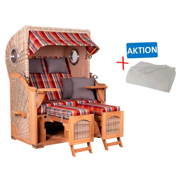Strandkorb DÜNE - Zweisitzer - Rot-Grau gestreift - Design 584 - inkl. gratis Kuscheldecke