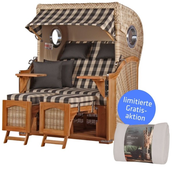 Strandkorb DÜNE - Zweisitzer - Grau kariert - Design 01405 - inkl. gratis Kuscheldecke