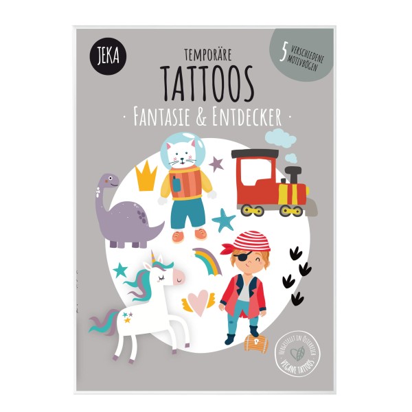 JEKA Temporäre Kindertattoos Fantasie & Entdecker - 5 Motivbögen Set