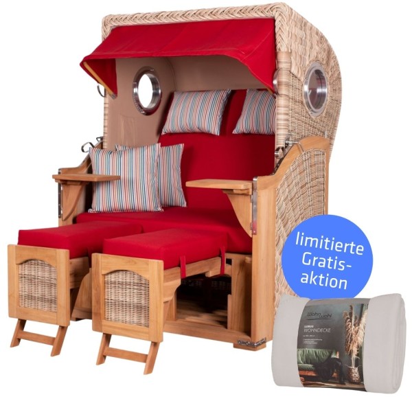 Strandkorb DÜNE - Zweisitzer - Rot mit bunten Kissen - Design 585 - inkl. gratis Kuscheldecke